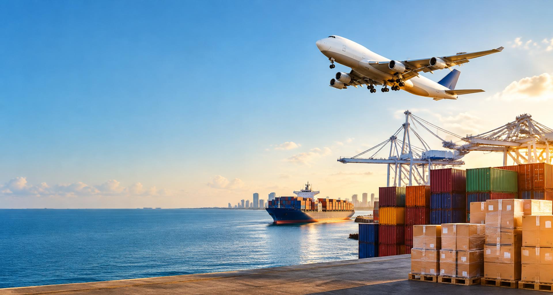 Avión de carga y barco en un puerto de Estados Unidos con paquetes listos para enviar